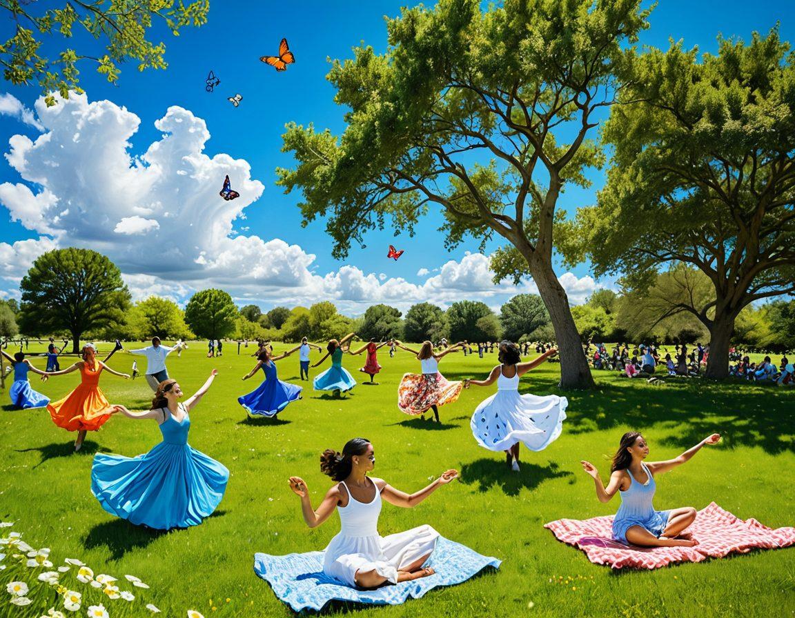 A bright and sunny landscape featuring a diverse group of joyful people engaged in happy activities like dancing, picnicking, and meditating in a lush green park. Surround the scene with colorful flowers, butterflies, and a radiant blue sky filled with fluffy clouds. Use soft, warm light to evoke feelings of happiness and positivity. super-realistic. vibrant colors. uplifting atmosphere.