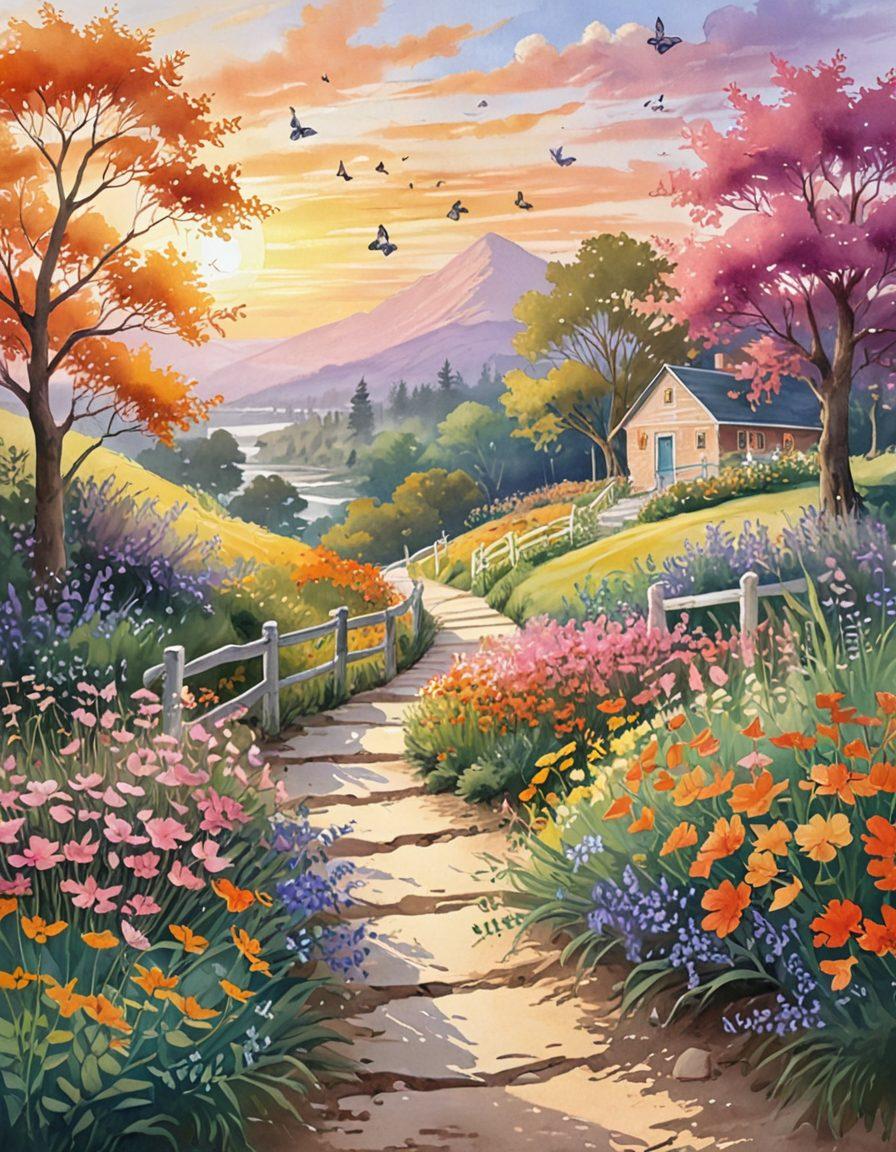 A serene landscape featuring a vibrant sunrise over a winding path, symbolizing a joyful journey. Along the path, playful butterflies and colorful flowers represent cheerfulness and contentment. Include subtle illustrations of people engaging in joyful activities like laughter and friendship. The scene should evoke a sense of peace, happiness, and motivation. watercolor painting. soft pastel colors.
