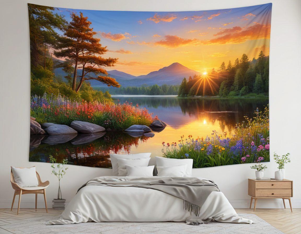 A serene landscape depicting a sunrise over a tranquil lake, with vibrant wildflowers in the foreground symbolizing joy and positivity. A person meditating on a rock, surrounded by nature, radiating warmth and inner peace. Soft ethereal light illuminating the scene, promoting a feeling of bliss and tranquility. super-realistic. vibrant colors. calming atmosphere.